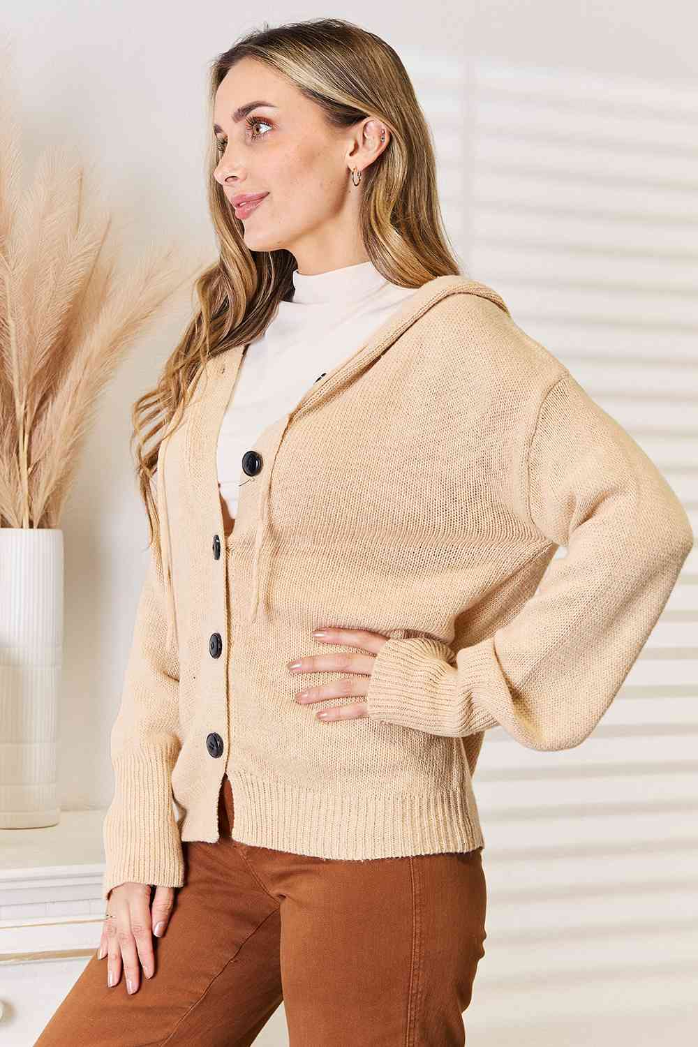 Button Down Long Sleeve Hooded Sweater