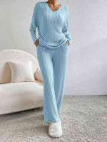 Load image into Gallery viewer, Ribbed V-Neck Long Sleeve Top and Pants Set
