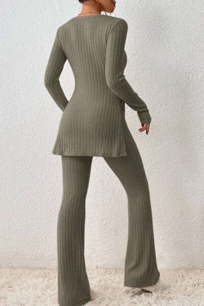 Ribbed Long Sleeve Slit Top & Bootcut Pants Set