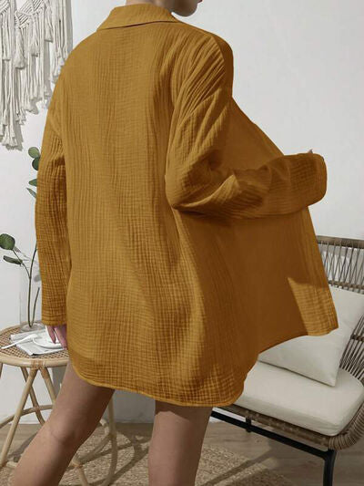 Dropped Shoulder Button-Up Top & Elastic Waist Shorts Set