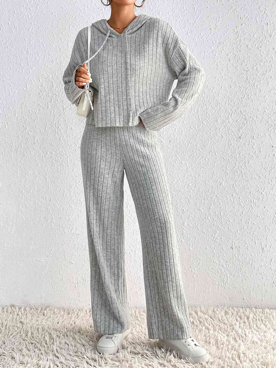 Ribbed Knit Cropped Hoodie & Wide-Leg Pants Set | Loungewear Co-ord