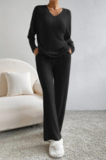 Load image into Gallery viewer, Ribbed V-Neck Top and Pants Set
