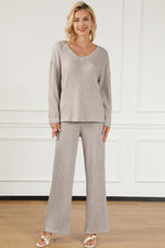 Load image into Gallery viewer, Ribbed V-Neck Lounge Set – Cozy Two-Piece Outfit for Everyday Comfort
