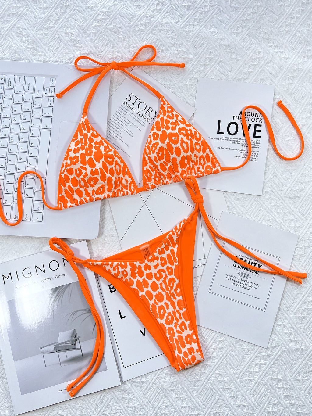 Leopard Print Triangle Bikini Set | Neon Tie-Side Two-Piece