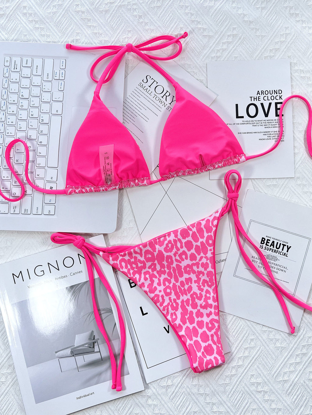 Leopard Print Triangle Bikini Set | Neon Tie-Side Two-Piece