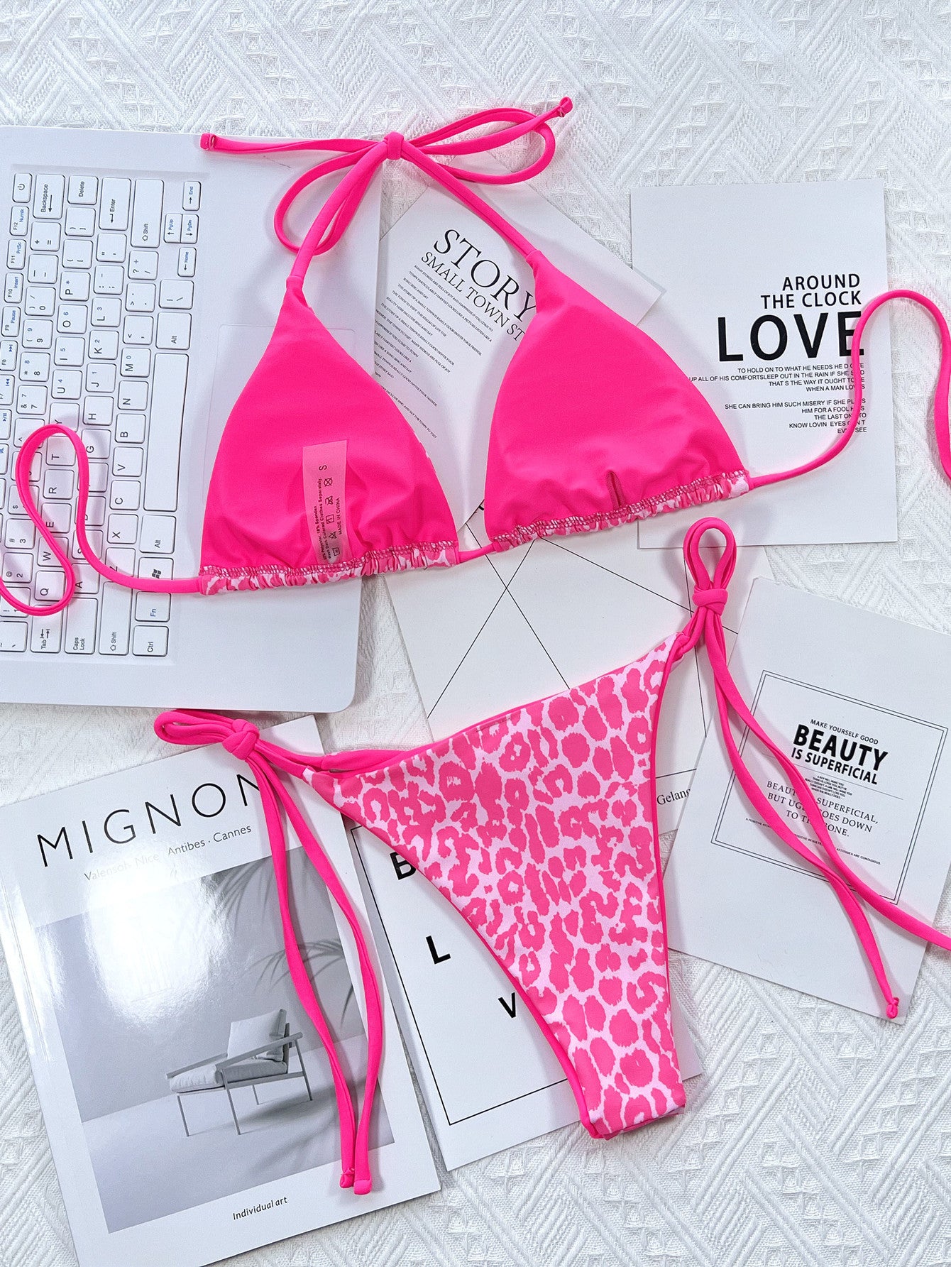 Leopard Print Triangle Bikini Set | Neon Tie-Side Two-Piece