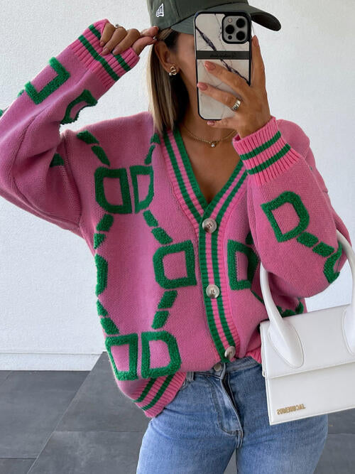 Geometric Dropped Shoulder Button-Down Cardigan