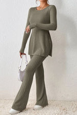 Load image into Gallery viewer, Ribbed Long Sleeve Slit Top and Bootcut Pants Set
