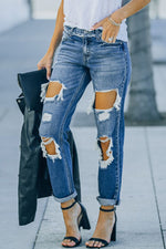 Load image into Gallery viewer, Distressed Frayed Trim Straight Leg Jeans Pants

