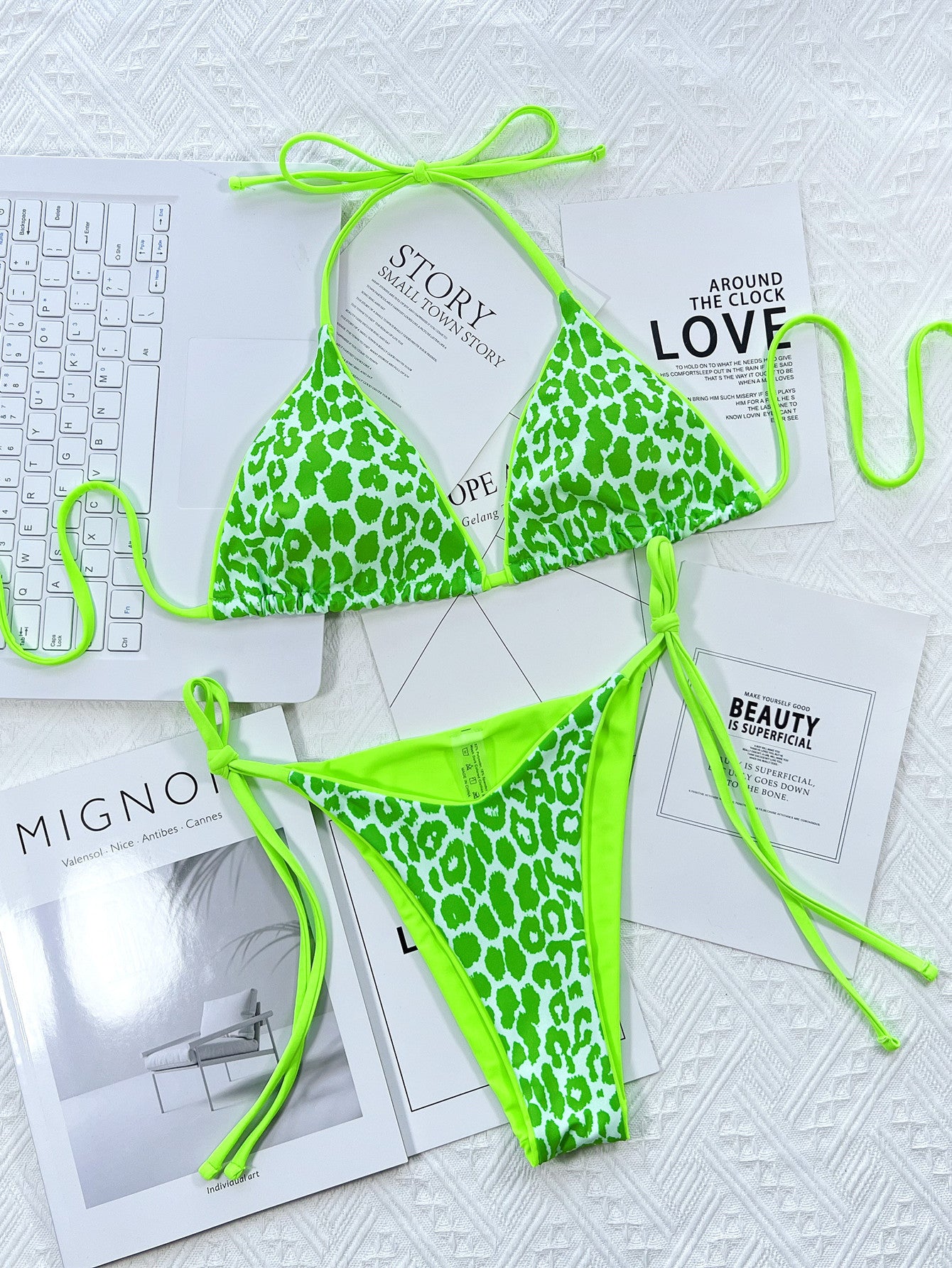 Leopard Print Triangle Bikini Set | Neon Tie-Side Two-Piece