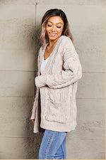Load image into Gallery viewer, Cable-Knit Open Front Cardigan with Front Pockets
