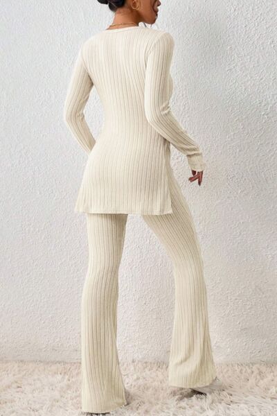 Ribbed Long Sleeve Slit Top & Bootcut Pants Set