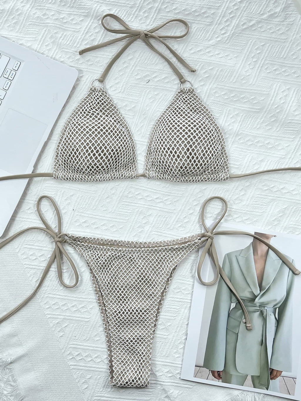 Fishnet Crochet Halter Bikini Set | Gold Ring Tie-Back Two-Piece