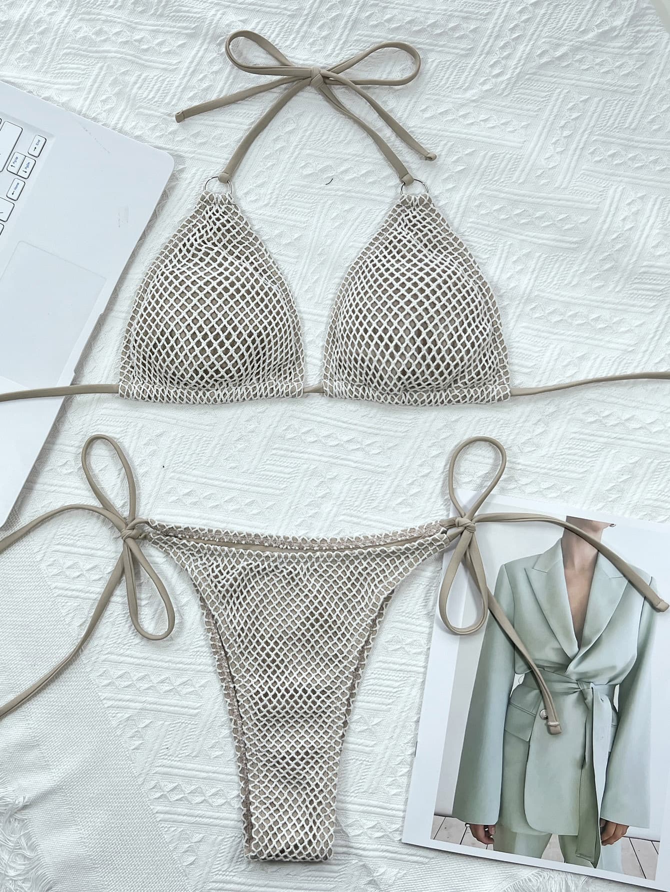 Fishnet Crochet Halter Bikini Set | Gold Ring Tie-Back Two-Piece
