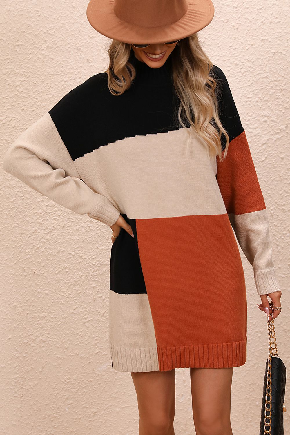 Color Block Ribbed Sweater Mini Dress