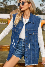 Load image into Gallery viewer, Sleeveless Button-Up Collared Denim Top with Pockets
