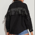 Load image into Gallery viewer, Fringe Detail Button-Down Collared Neck Denim Jacket
