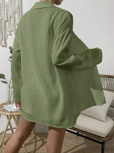 Dropped Shoulder Button-Up Top & Elastic Waist Shorts Set