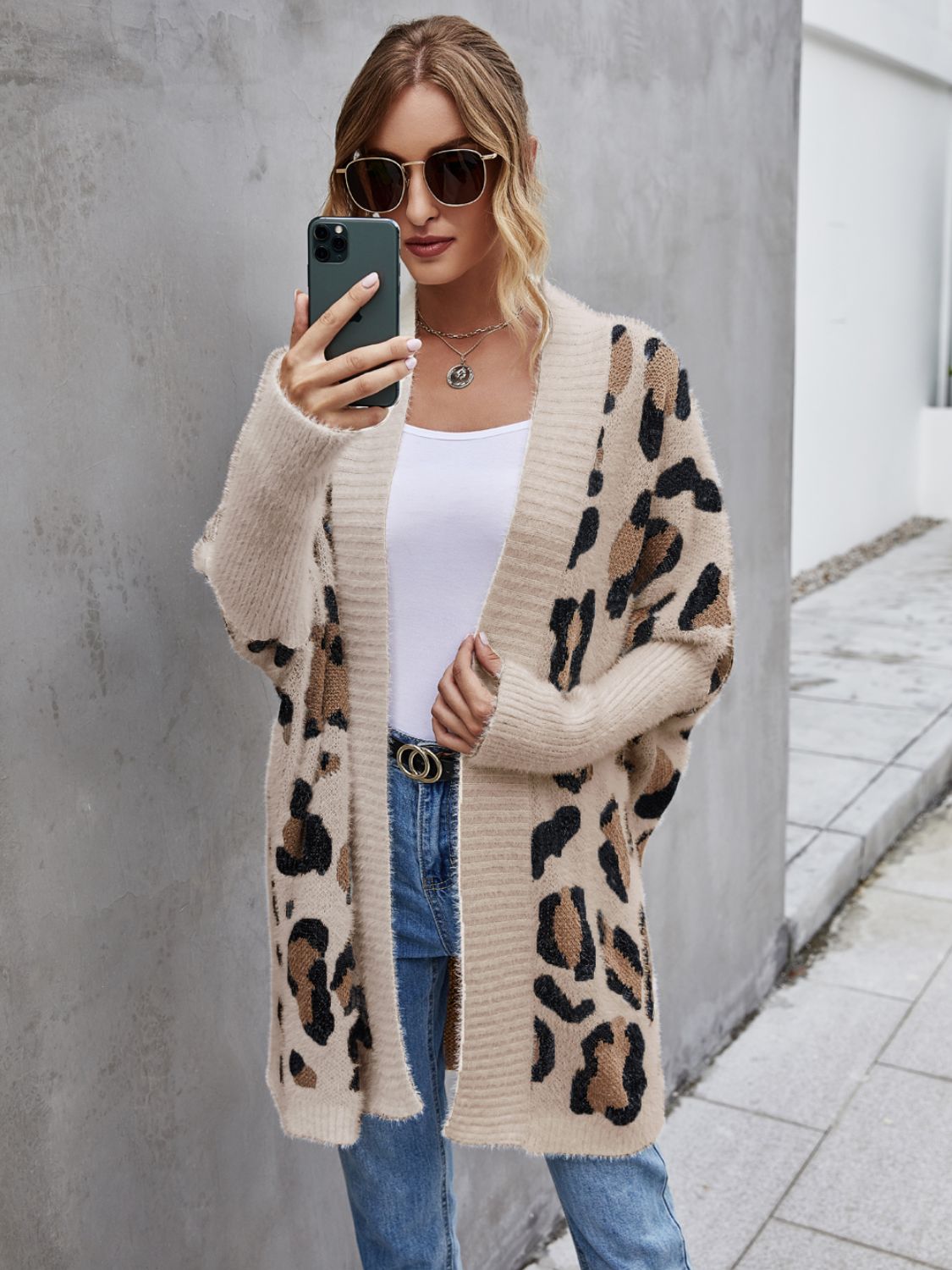 Leopard Print Fuzzy Open Front Cardigan