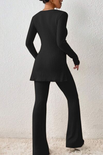 Ribbed Long Sleeve Slit Top & Bootcut Pants Set