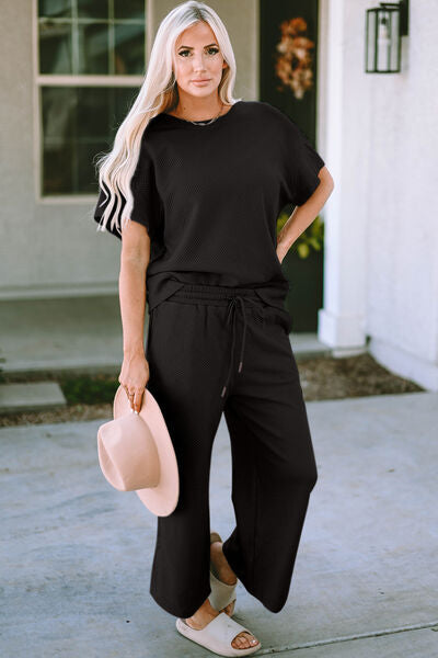 Textured Short Sleeve Top and Pants Set