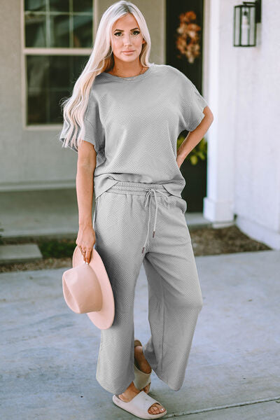 Textured Short Sleeve Top and Pants Set