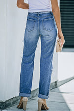 Load image into Gallery viewer, Distressed Frayed Trim Straight Leg Jeans Pants
