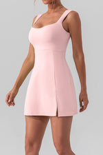 Load image into Gallery viewer, Square Neck Sleeveless Mini Active Dress with Slit – Available in Black, White, Gum Leaf, and Dusty Pink
