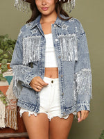 Load image into Gallery viewer, Fringe Detail Long Sleeve Denim Jacket
