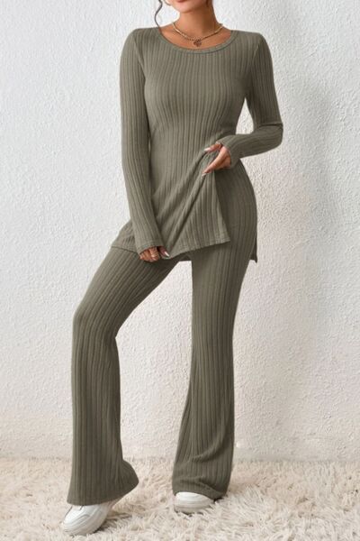 Ribbed Long Sleeve Slit Top & Bootcut Pants Set