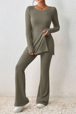 Load image into Gallery viewer, Ribbed Long Sleeve Slit Top and Bootcut Pants Set
