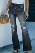 Load image into Gallery viewer, Distressed Button-Fly Flare Jeans Pants
