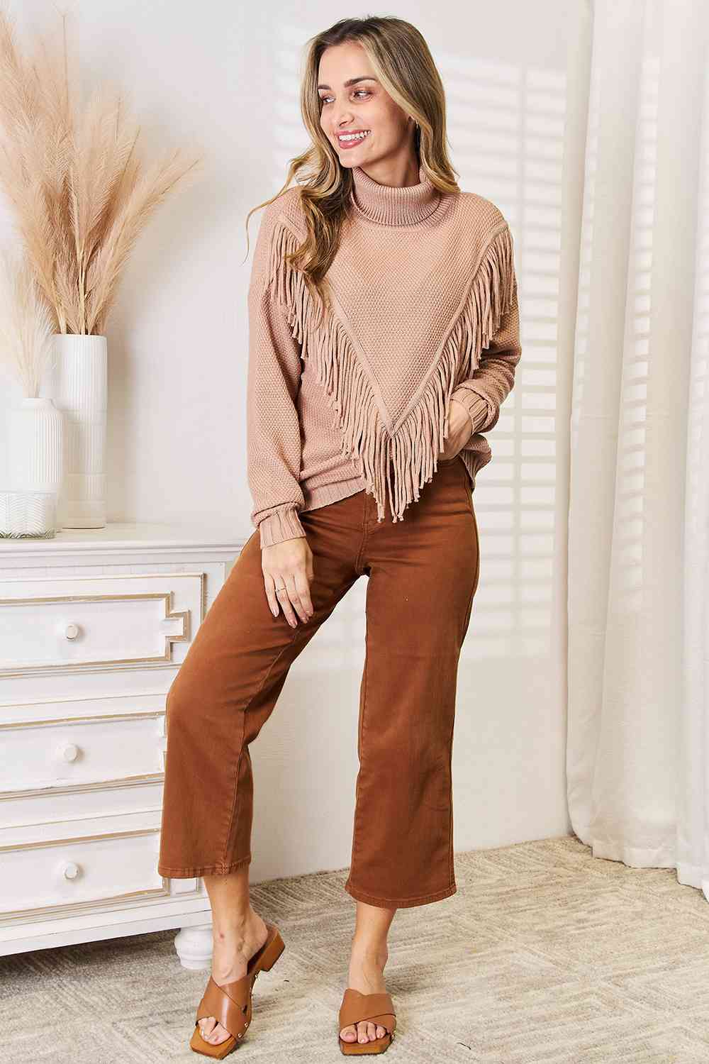 Fringe Front Turtleneck Sweater – Cozy Knit Long Sleeve