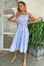 Load image into Gallery viewer, Striped Tie-Shoulder Tiered Dress
