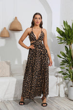 Load image into Gallery viewer, Leopard Deep V Tie Back Split Dress
