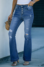 Load image into Gallery viewer, Distressed Button-Fly Flare Jeans Pants
