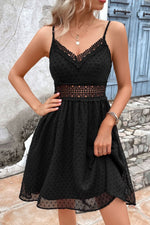 Load image into Gallery viewer, Swiss Dot Spaghetti Strap Spliced Lace Dress
