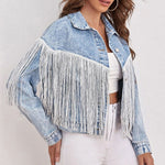 Load image into Gallery viewer, Fringe Detail Collared Neck Long Sleeve Denim Jacket
