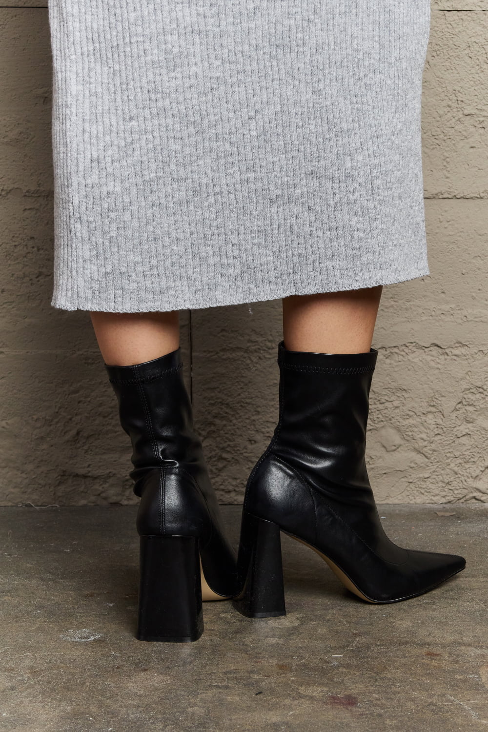 Stretch Faux Leather Sock Boots | Sculptural Block Heel Pointed-Toe Boots