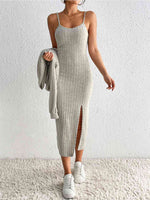 Load image into Gallery viewer, Ribbed Spaghetti Strap Slit Dress &amp; Cardigan Set
