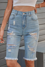 Load image into Gallery viewer, Distressed Raw Hem Denim Bermuda Shorts
