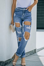 Load image into Gallery viewer, Distressed Frayed Trim Straight Leg Jeans Pants
