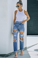 Load image into Gallery viewer, Distressed Frayed Trim Straight Leg Jeans Pants
