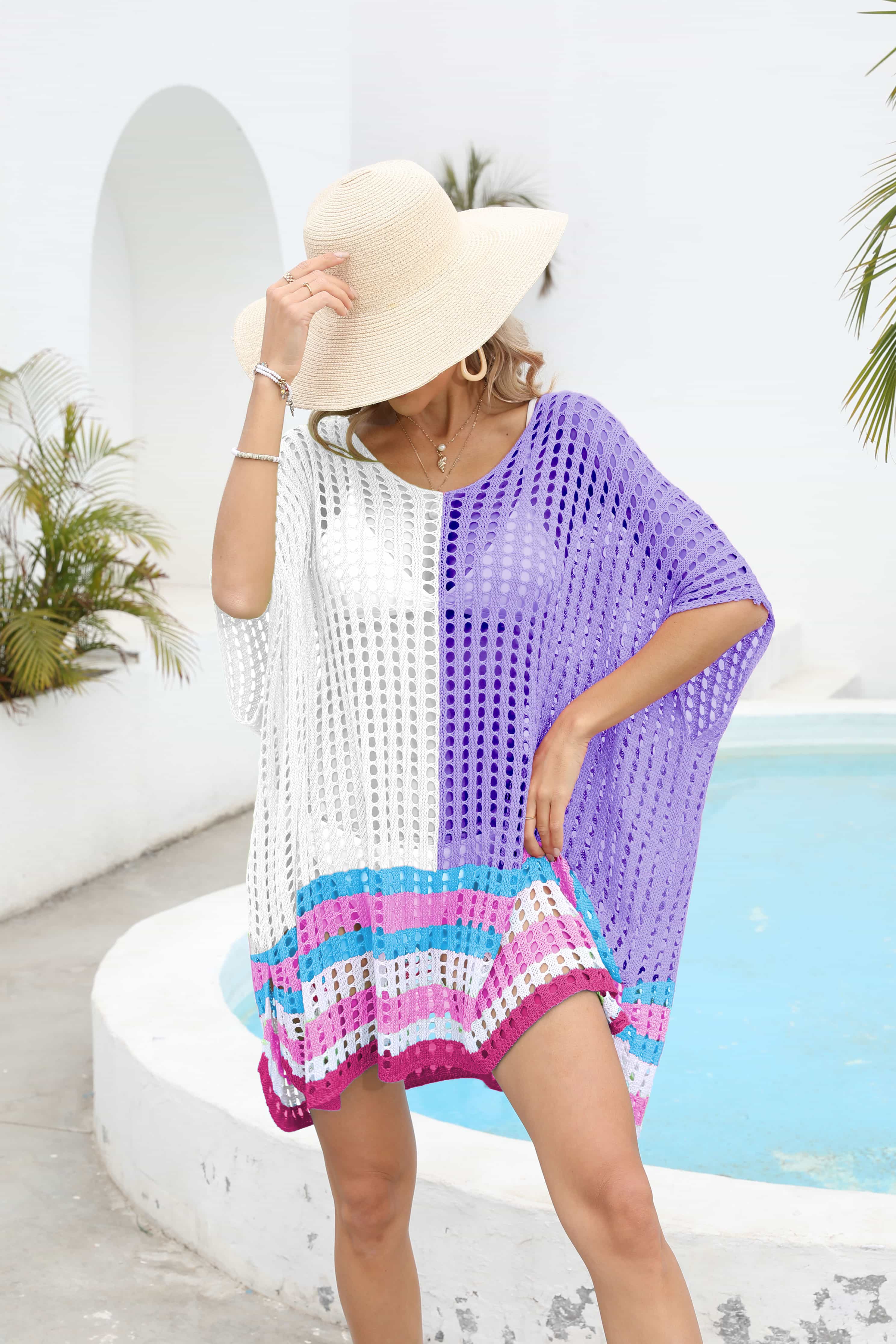 Contrast Openwork Half Sleeve Scoop Neck Cover-Up