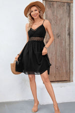 Load image into Gallery viewer, Swiss Dot Spaghetti Strap Spliced Lace Dress
