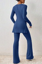 Load image into Gallery viewer, Ribbed Long Sleeve Slit Top and Bootcut Pants Set
