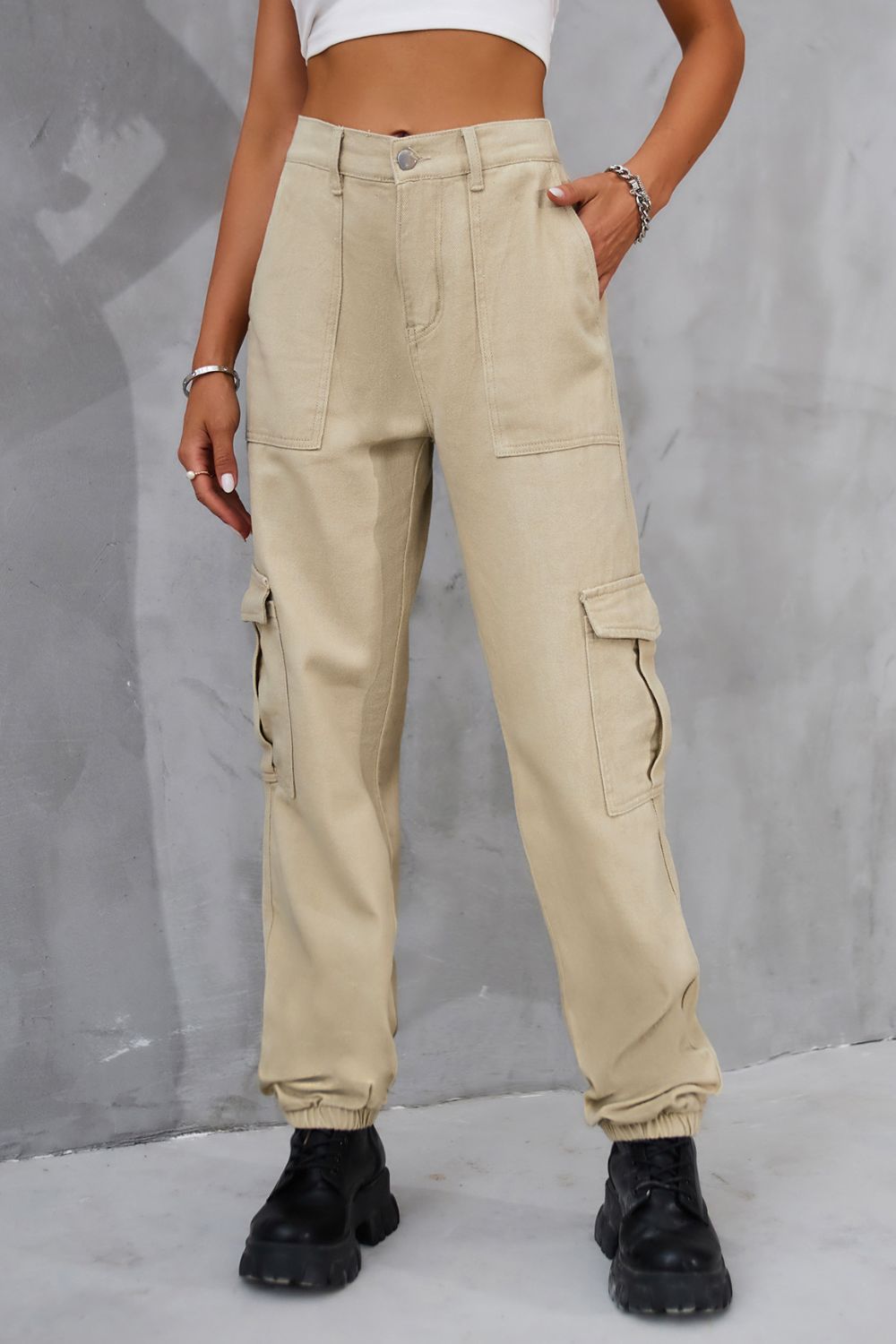 Buttoned High Waist Wide Leg Pants
