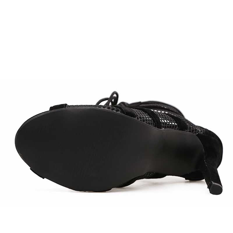 Black Mesh Lace-Up Peep Toe Heels | Cross-Tied Stiletto Ankle Boots