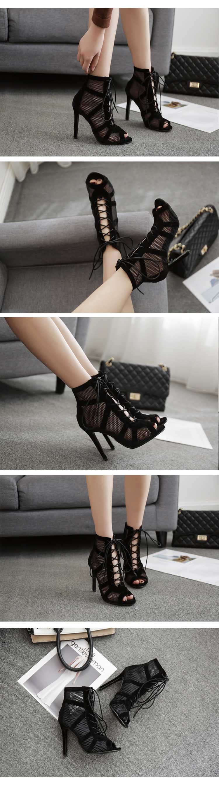 Black Mesh Lace-Up Peep Toe Heels | Cross-Tied Stiletto Ankle Boots
