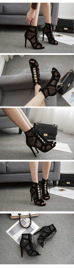 Load image into Gallery viewer, Lace Cross-tied Peep Toe Heels
